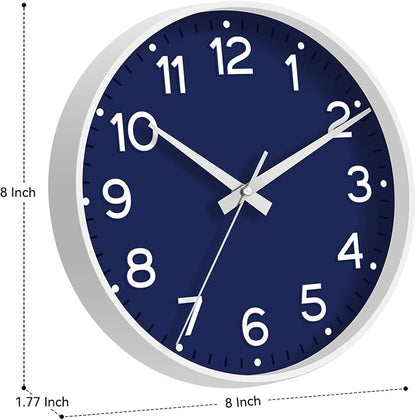 Roymnie Wall Clock, Silent Wall Clocks Battery Operated 8 Inch-Modern Non Ticking Analog Clock Decorative for Kitchen Office Bathroom Bedroom(Navy Blue)
