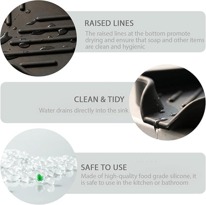 MicoYang Silicone Soap Dish with Drain Spout, Self-Draining Sink Organizer Tray for Bathroom and Kitchen, Sponges, Dispensers and Soap Holder, Non-Slip and Dishwasher Safe, Black (Compact, 4.9"×3.2")