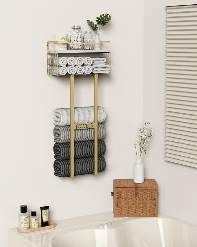 Aetyord Towel Racks for Bathroom - Wall Mounted Metal Rack with Wood Plank, Bathroom Storage Organizer, Towel Holder Stores 6 Large Rolled Towels Easily, Gold and Size XL 31"