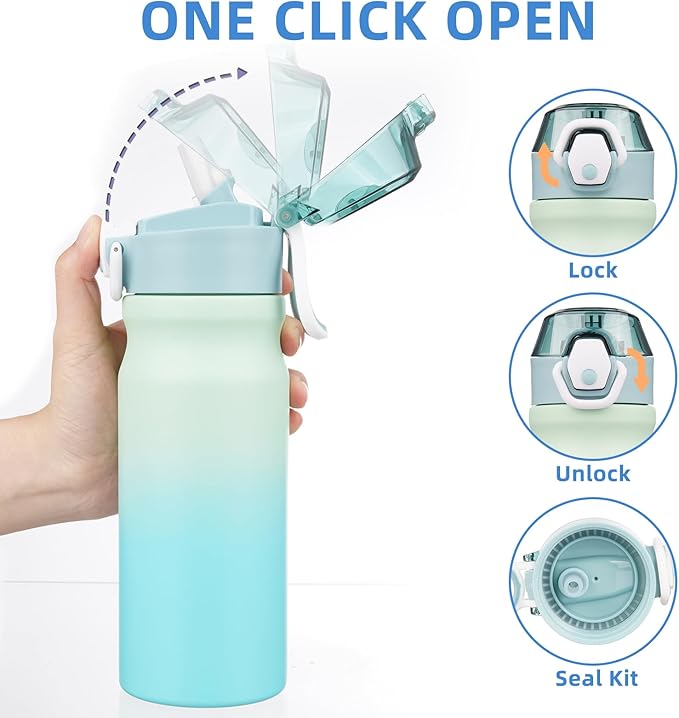 BJPKPK Insulated Water Bottle 18oz Stainless Steel Water Bottles with Straw and Carry Handle Double Wall Metal Thermal Flask,Mint