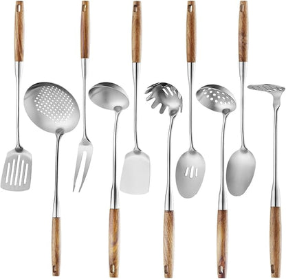 10 Pcs Cooking Utensils Set 304 Stainlss Steel Kitchen Utensils Set Heat Resistant Wooden Handle Kitchen Tools Metal Kitchen Utensil Soup Ladle Set, Dishwasher Safe