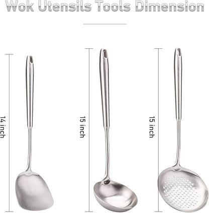 FJNATINH 6-Pieces 304 Stainless Steel Wok Spatula Set,Cooking Utensil Set,Soup Ladle Colander,Nonstick Kitchen Cooking Utensils Set with Spatula,Kitchenware Tools