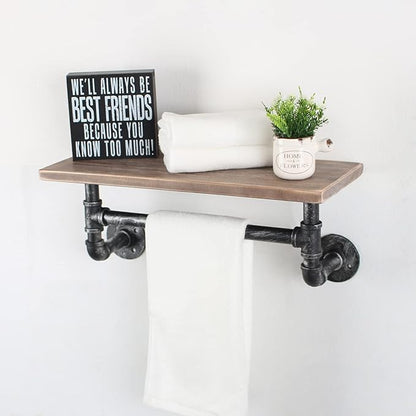 Industrial Pipe Shelf Bathroom Shelves Wall Mounted,19.6in Rustic Wood Shelf with Towel Bar,1 Tier Farmhouse Towel Rack Over Toilet,Pipe Shelving Floating Shelves Towel Holder,Retro Grey