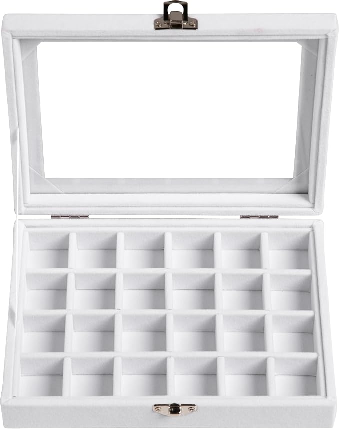 Frebeauty 24 Grid Jewelry Tray,Velvet Stud Earring Organizer,Small Jewelry Organizer with Clear Lid,Lockable Earring Holder Organizer Jewelry Boxes & Organizer Ring Holder for Women & Girls(White)