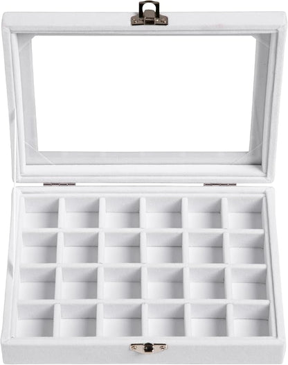 Frebeauty 24 Grid Jewelry Tray,Velvet Stud Earring Organizer,Small Jewelry Organizer with Clear Lid,Lockable Earring Holder Organizer Jewelry Boxes & Organizer Ring Holder for Women & Girls(White)