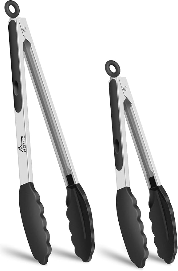 HOTEC Premium Kitchen Tongs, 7 & 9 Inch, Stainless Steel, Black, Set of 2 | Silicone Tips, Durable Spring Locking Mechanism, Non-Scratch & Heat Resistant, For Salad, BBQ, Serving