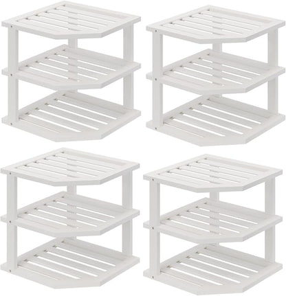 3 Tier Bamboo Corner Shelf(4 Pack),Dish Drying Rack,Plate Organizer,Kitchen Spice Rack for Countertop and Cabinet(White)