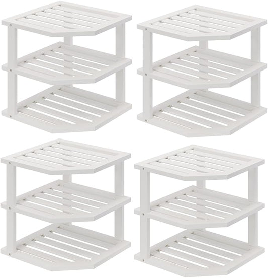 3 Tier Bamboo Corner Shelf(4 Pack),Dish Drying Rack,Plate Organizer,Kitchen Spice Rack for Countertop and Cabinet(White)