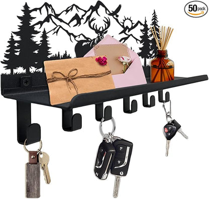 Deer Metal Key and Mail Holder for Wall, Key Holder Wall Mount with Shelf, Key Rack, Key Hooks for Living Room, Hallway, Office