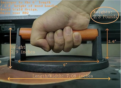Firsgrill Burger Press 7.08" Round,Heavy-Duty Cast Iron Smash Burger Press Meat Steak With Wood Handle for Blackstone Camp chef Pitboss Weber Griddle Grills(Round)