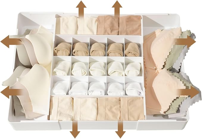 Adjustable Drawer Organizer – 19-Grid Divider for Socks, Bras & Panties, Closet Storage Box for Underwear & Dresser Drawers (15+4)
