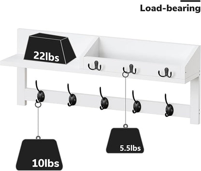 AMBIRD Wall Hooks with Shelf, 26.57 Inch Entryway Wood Coat Hooks for Wall, Coat Rack Wall Mount with 5 Dual Hooks 3 Key Hooks Mail Organizer and Key Rack Holder (White)