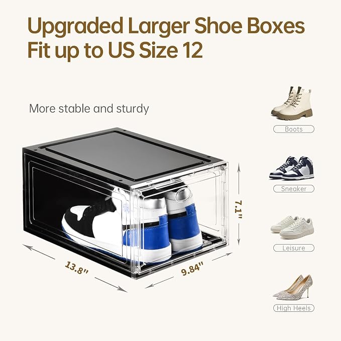 Amllas 10 Pack Shoe Boxes Stackable,Upgraded Sturdy Storage Boxes with Clear Magnetic Door,Multifunctional Sneaker Organizer Fit up to US Size 12 (13.8”x 9.84”x 7.1”)
