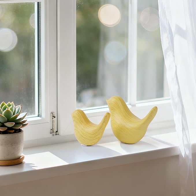 WhimWove 2 Pcs Ceramic Small Bird Figurines Modern Animal Statues for Home 、Room Decor and Bedroom Decor and Bookshelf Display (Light Wood Grain)