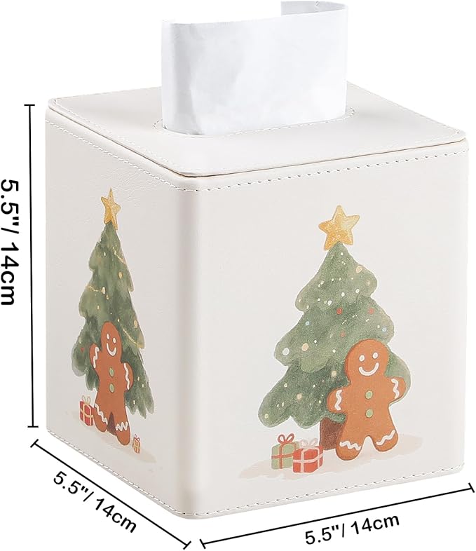 MEIBOOCH PU Leather Tissue Box Cover Square Tissue Box Holder with Magnetic Closure (Christmas Style)