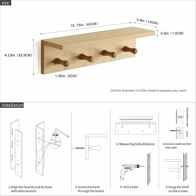 Entrance Coat Rack ，Coat Hooks, Wall-Mounted Wooden Hook Rack, Wall-Mounted Shelves are Very Suitable (Oak Colored Finish—A-1)