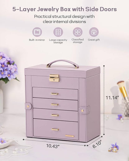 Homde Christmas Gifts Synthetic Leather Huge Jewelry Box Mirrored Watch Organizer Necklace Ring Earring Storage Lockable Gift Case (Grey Purple + Gold)