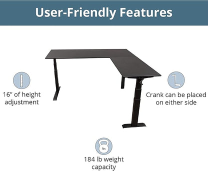 Stand Up Desk Store Crank Adjustable Height L-Shaped Standing Desk with Steel Frame (Black Frame/Black Top, 72" Wide)