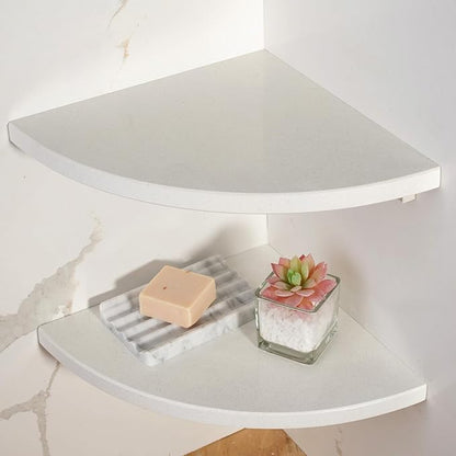 Koville 2 Pcs Wall Mounted White Marble Corner Shower Shelf for Bathroom, 10'' Polished Marble Corner Shelves for Bath, Stone Corner Shower Caddy - White Cliff (No Glue Included)