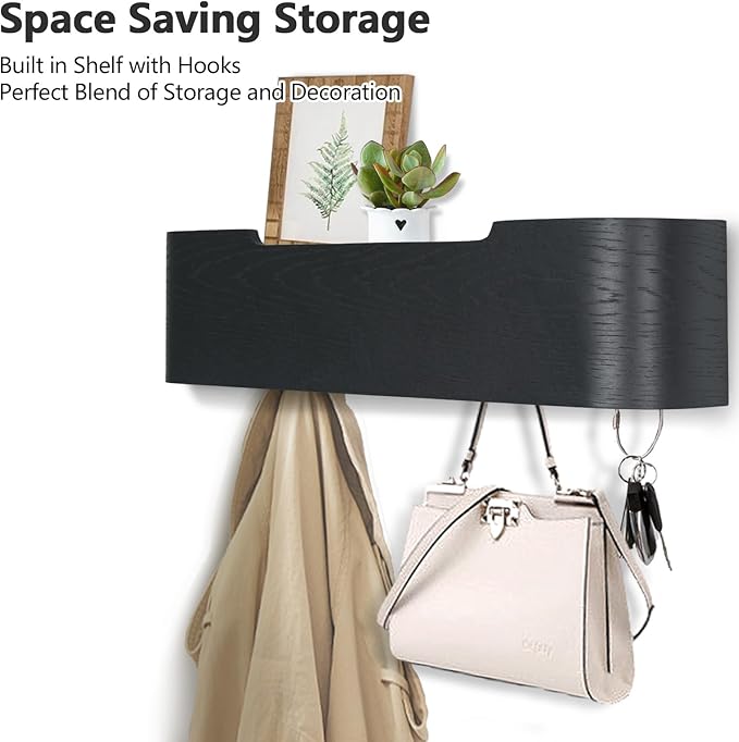 Coat Rack Wall Mount with Shelf 4 Hidden Hooks Modern Wooden Key Holder Entryway Organizer for Hallway Bedroom Bathroom Home Decor Storage for Hanging Coats Hats Bags Towels, Black