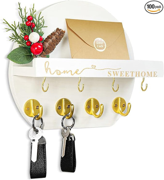 Key Holder for Wall, Key and Mail Holder Organizer - Key Holder Wall Mount with Bouquet Shelf and Key Hooks, Round Wooden Rustic Key Rack for Entryway and Home Decor (White)