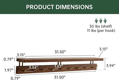 Walnut Wall Hooks with Shelf, Coat Rack Wall Mount, Entryway Hanging Shelf with 9 Brass Hooks for Hats, Clothes, Towels, Bags, Black Walnut Wood, Natural