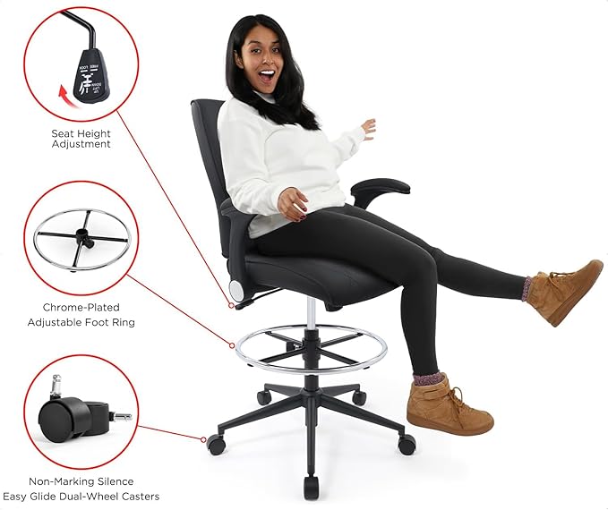 Ergonomic Adjustable Drafting Chair Extra Tall Office Stool for Standing Desk, Mid Back Faux Leather Counter Height Comfortable Bar High Roll Tilt Computer Chair with Flip Up Arms and Foot Ring, Black