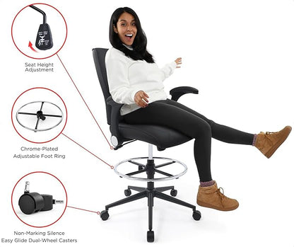 Ergonomic Adjustable Drafting Chair Extra Tall Office Stool for Standing Desk, Mid Back Faux Leather Counter Height Comfortable Bar High Roll Tilt Computer Chair with Flip Up Arms and Foot Ring, Black