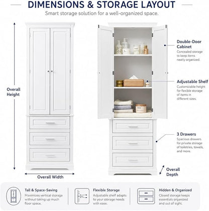 Storage Cabinet, Tall Bathroom Cabinet with Adjustable Shelf | Tall storage cabinet, upper enclosed cabinet and 3 pull-out compartments keep daily essentials organized