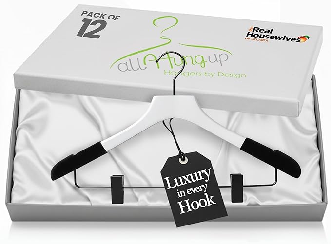 Wooden Hangers with Clips for Women, Solid Wood Skirt & Suit Hangers, Heavy-Duty Adjustable Non-Slip Design with Velvet Grip, White with Black Velvet, 12 pcs