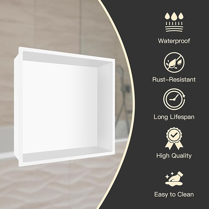 Shower Niche No Tile Needed, 12 x 12 White Shower Niche Insert Tile Ready, Recessed for Shower Wall Bathroom Storage Over Mount Installation