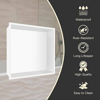 Shower Niche No Tile Needed, 12 x 12 White Shower Niche Insert Tile Ready, Recessed for Shower Wall Bathroom Storage Over Mount Installation