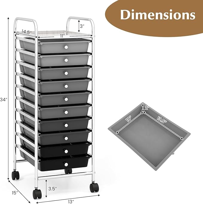 OFFICEJOY Storage Cart, Rolling Utility Cart with 10 Drawers, Portable Handles & Lockable Wheels, Mobile Paper Toys Storage Organizer Large Capacity for Home Office School Teacher (Gradient Black)