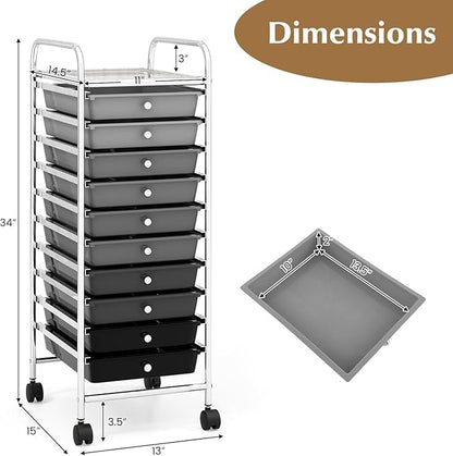 OFFICEJOY Storage Cart, Rolling Utility Cart with 10 Drawers, Portable Handles & Lockable Wheels, Mobile Paper Toys Storage Organizer Large Capacity for Home Office School Teacher (Gradient Black)