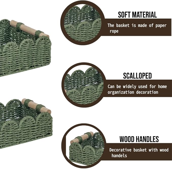 Green Scalloped Edge Baskets with Wood Handle, Set of 2 – Woven Paper Rope Storage Organizer for Living Room, Entryway & Home Décor