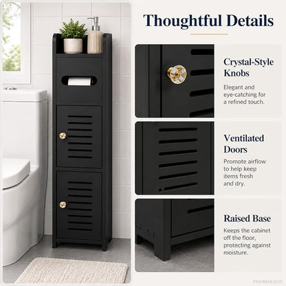 Toilet Paper Holder Stand, Small Bathroom Storage Cabinet with Doors and Toilet Paper Storage, Slim Floor Standing Shelf for Small Spaces,Toilet Storage Cabinet for Bathroom,Black