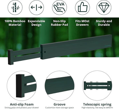 ANTOWIN Expandable Bamboo Drawer Dividers Organizers, Drawer Separators Splitter,17-22 inches Long Adjustable Spring-loaded Organizer for Large Utensil, Clothes, Tools(Dark Green)