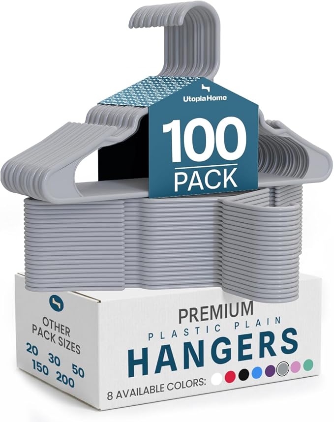 Utopia Home Plastic Hangers 100 Pack - Perfect Space Saving Clothes Hanger - Durable and Strong - Perfect Closet Organizers with Shoulder Grooves (Grey)