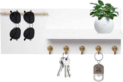 SANY DAYO HOME Real Wood Key Holder Rack Wall Mount 16 x 6 inches White and Gold Entryway Shelf with 5 Hooks, Metal Sunglass Bar, and Floating Board for Keychain, Purse
