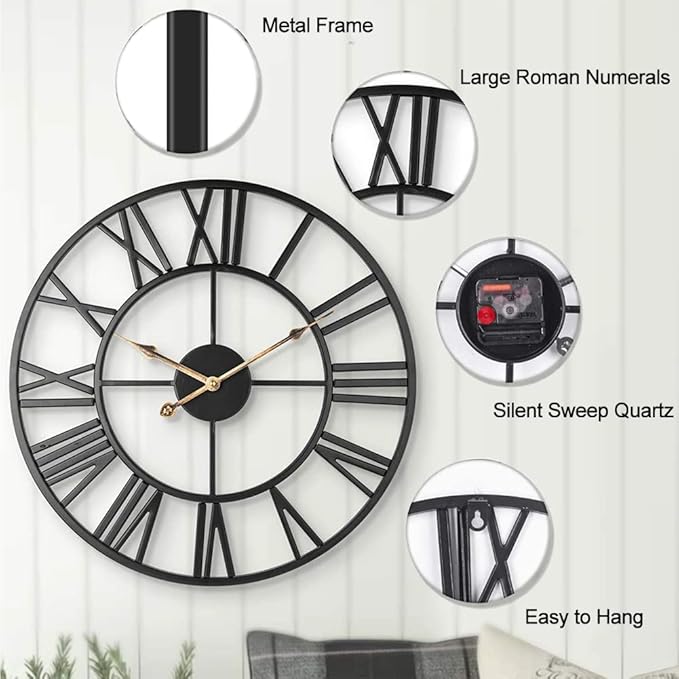 Large Industrial Wall Clock with Roman Numerals, Indoor Silent Non-Ticking Retro Clock, Vintage Metal Decorative Black Metal Art Clock Battery Operated for Home Kitchen Cafe Hotel Office Decor,1