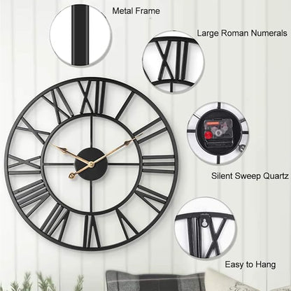 Large Industrial Wall Clock with Roman Numerals, Indoor Silent Non-Ticking Retro Clock, Vintage Metal Decorative Black Metal Art Clock Battery Operated for Home Kitchen Cafe Hotel Office Decor,1
