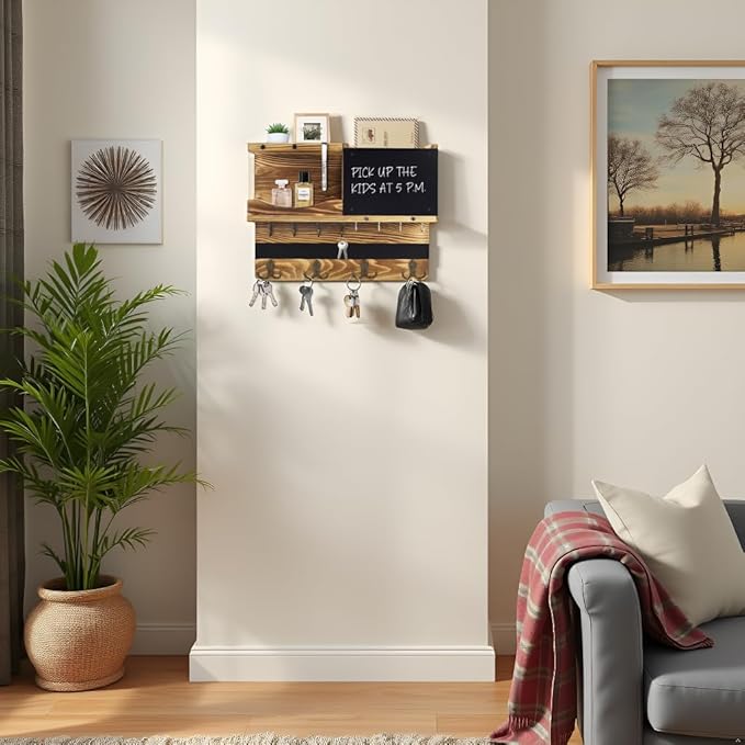 Key Holder for Wall Mount with Shelf and Mail Organizer, Key and Mail Holder with 16 Hooks, Farmhouse Entryway Organizer, Home Decor Rack(Pine Wood, Wood Color)