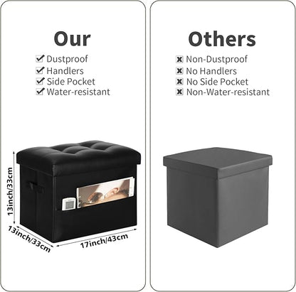 Storage Ottoman Foot Rest Stool with Thicker Foam Padded Seat. Foldable Leather Footstool Bench. Small Ottoman with Storage for Living Room Bedroom Coffee Table 350 lbs, 17x13x13in, Black.