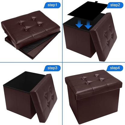 Bsketa Storage Ottoman, Folding Foot Stool with Thicker Foam Padded Seat Small Leather Storage Ottoman Bench Foot Rest for Living Room Foldable Coffee Table 17x13x13in,Brown