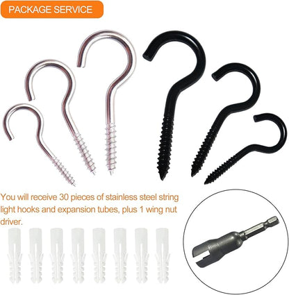 30 Pieces Stainless Steel Screw in Hooks for Hanging,Ceiling Hooks Cup Hook Screw for Hanging Christmas Lights LED Lights Outdoor Christmas Thanksgiving Decorations Indoor(Black,2.56")