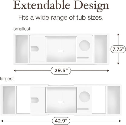 White Bathtub Tray for Tub - Bamboo Bath Tray, Expandable Wooden Bath Caddy Tray with Wine Holder, Book and Tablet Stand, Bathroom Accessories, Tub Table, Bridal Shower Gifts for Women