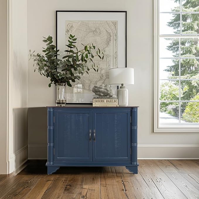 40" Solid Wood Buffet Storage Cabinet,Vintage Console Table with Adjustable Shelf,Retro Sofa Table with Solid Pine Wood Legs for Living Room,Entryway,Blue