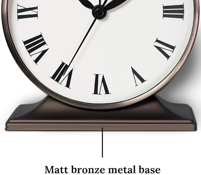 Presentime & Co Lewis Mantel Alarm Clock, Desk and Shelf Clock, Tabletop Decoration, 5.5 x 5 inch, Silent no Ticking, Metal Base, Bronze Finish, Roman Numeral