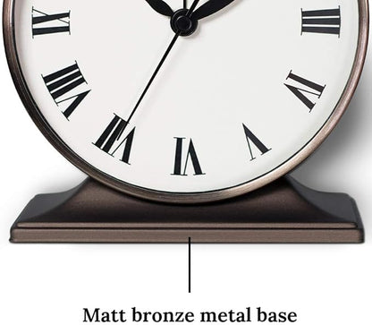 Presentime & Co Lewis Mantel Alarm Clock, Desk and Shelf Clock, Tabletop Decoration, 5.5 x 5 inch, Silent no Ticking, Metal Base, Bronze Finish, Roman Numeral