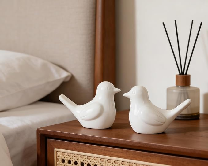 Artconal Small White Bird Statue Ceramic 2-Piece Set, 2¾ inch Cute Knick Knack for Home Office Shelf Desk Decor
